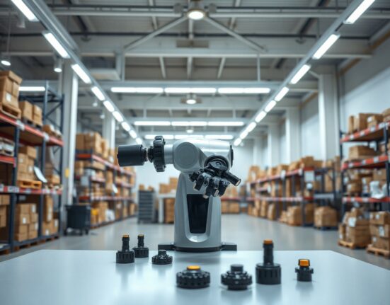 A reconfigurable robotic arm in a modern warehouse, with interchangeable grippers nearby, representing Theker's generalist automation approach.