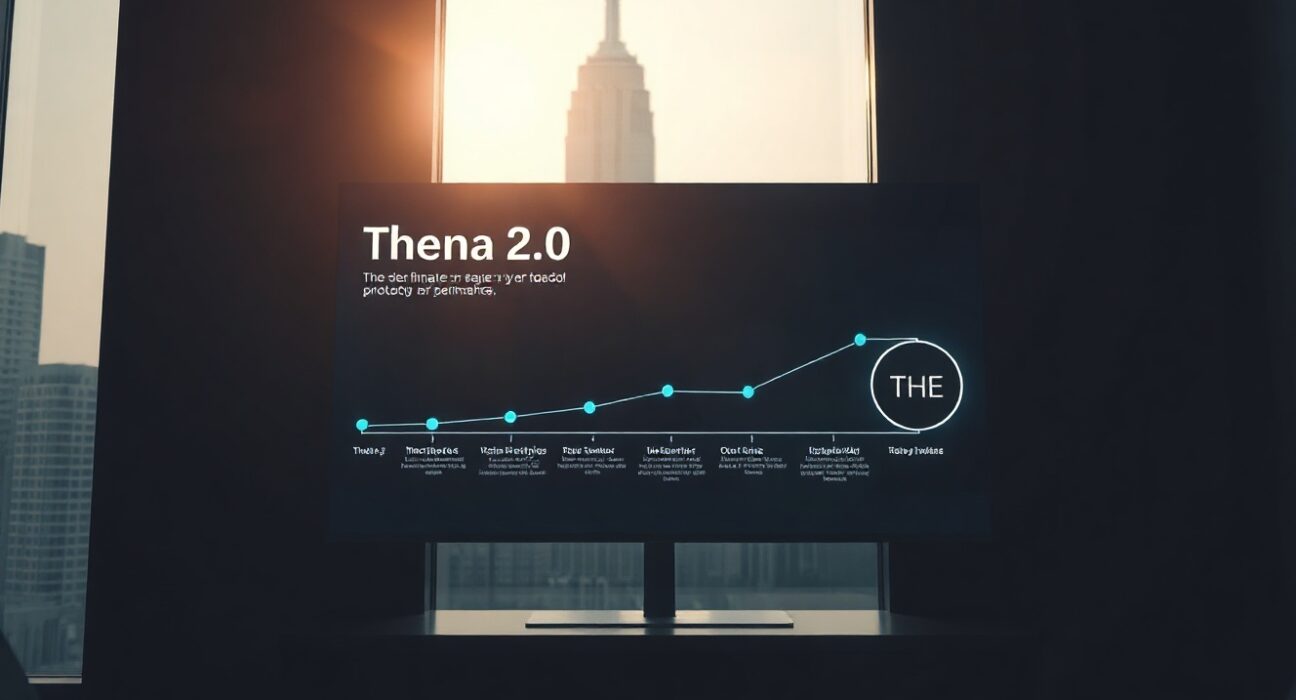 Digital screen showing Thena 2.0 roadmap with THE token symbol and network nodes