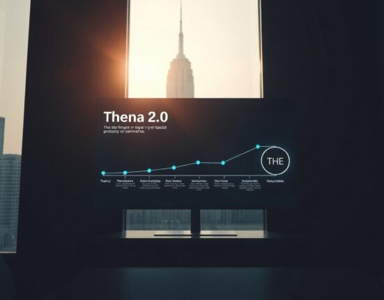 Digital screen showing Thena 2.0 roadmap with THE token symbol and network nodes
