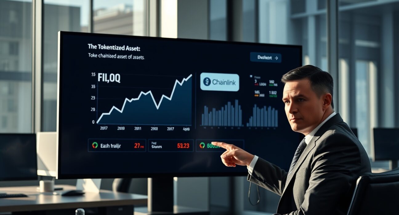Financial analyst reviewing a digital dashboard showing Fidelity tokenized fund FILQ data in a modern office