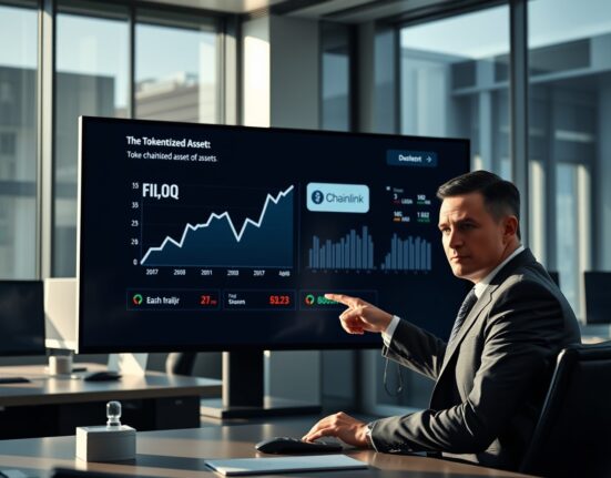 Financial analyst reviewing a digital dashboard showing Fidelity tokenized fund FILQ data in a modern office