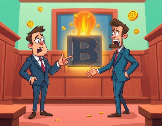 Cartoon illustration depicting the explosive Theta Labs lawsuit with figures in a legal conflict over cryptocurrency.