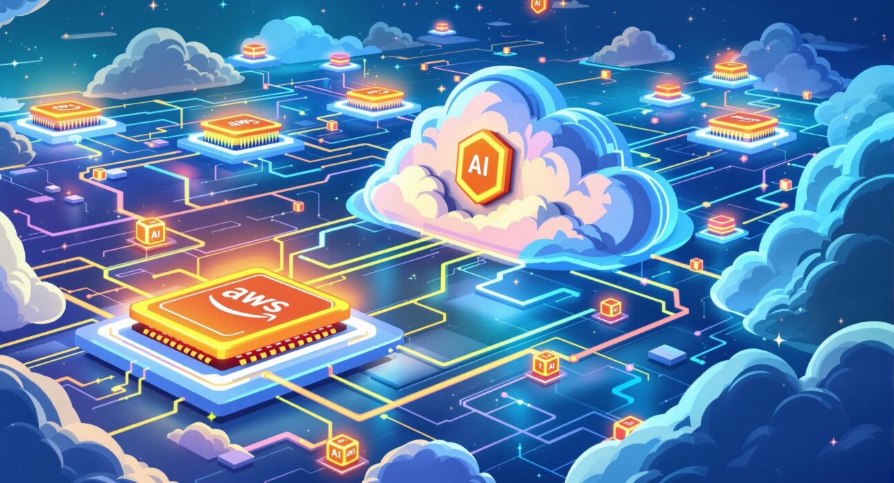 A cartoon illustration showing Theta Network's decentralized cloud connecting with Amazon's AI chips, symbolizing powerful and efficient AI computing.