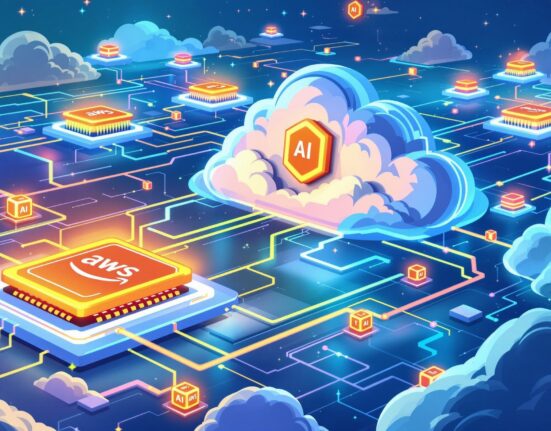 A cartoon illustration showing Theta Network's decentralized cloud connecting with Amazon's AI chips, symbolizing powerful and efficient AI computing.