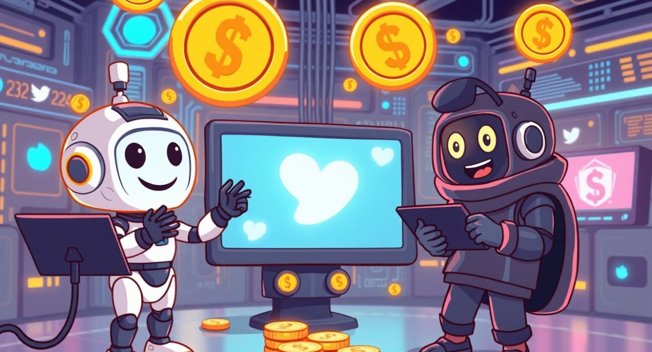 Vibrant cartoon illustration of Theta's TDROP whitepaper enabling AI agent payments and a new token economy.