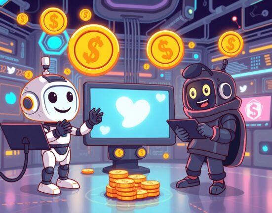 Vibrant cartoon illustration of Theta's TDROP whitepaper enabling AI agent payments and a new token economy.