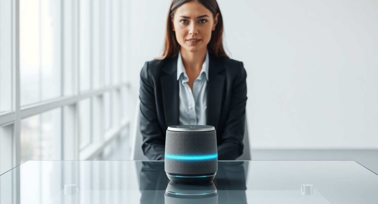 A professional woman in a modern office having a natural conversation with a glowing smart speaker device.