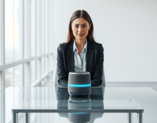 A professional woman in a modern office having a natural conversation with a glowing smart speaker device.
