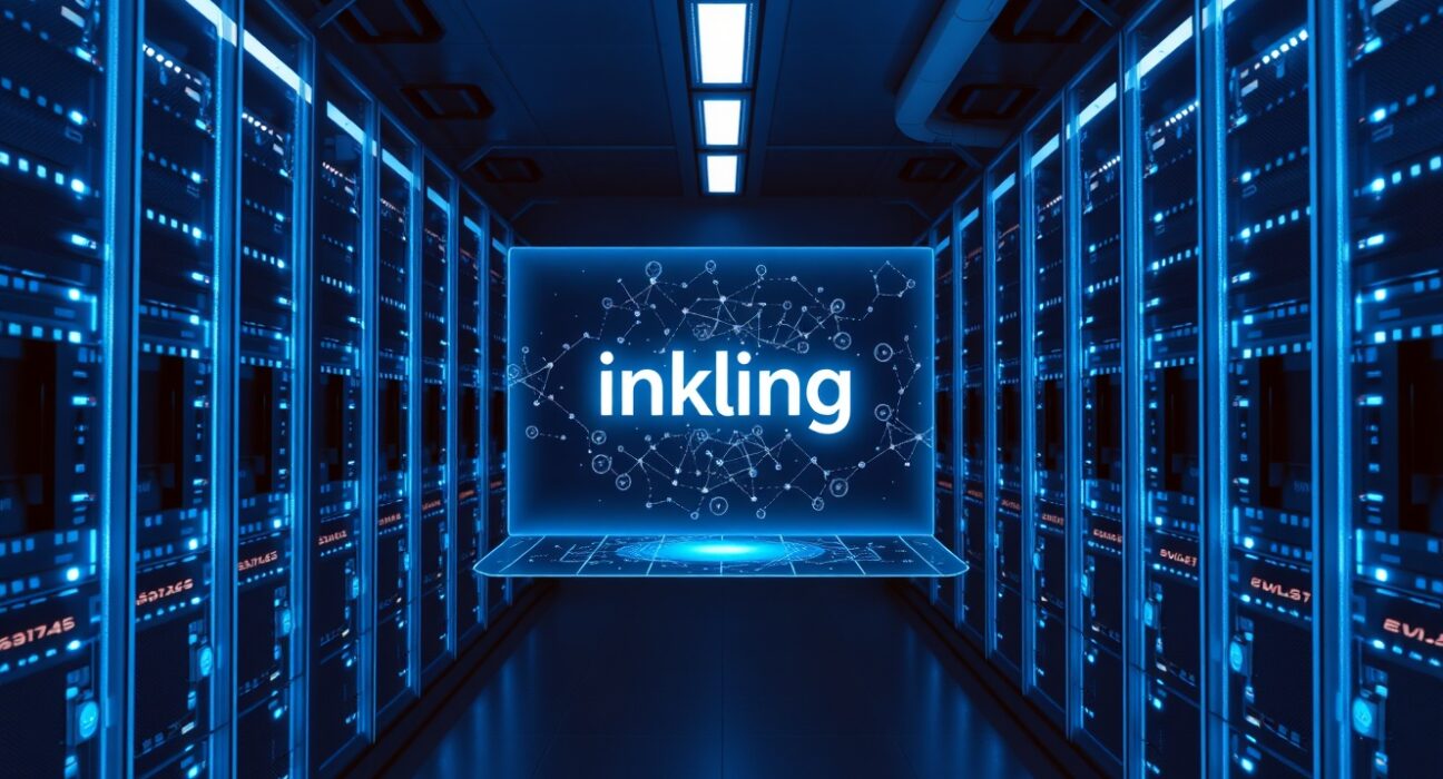 Futuristic server room with holographic Inkling AI model display