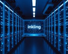 Futuristic server room with holographic Inkling AI model display