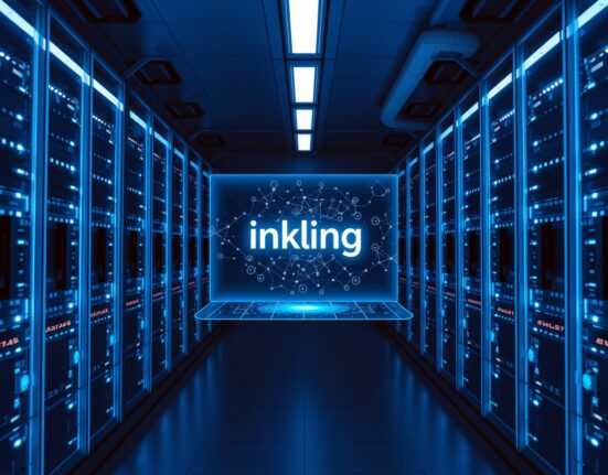 Futuristic server room with holographic Inkling AI model display