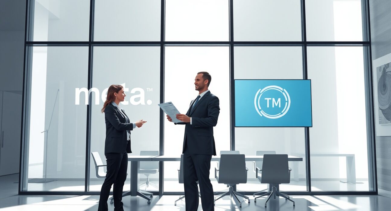 Thinking Machines Lab and Meta logos in a modern office setting symbolizing the AI talent war and researcher defections.