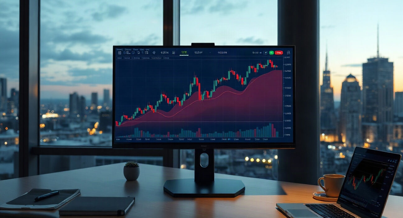 Trader at a desk with a monitor showing rising charts during evening hours, representing extended weekend trading.