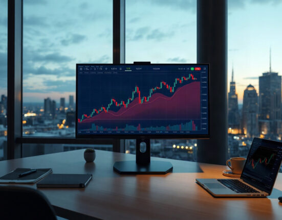 Trader at a desk with a monitor showing rising charts during evening hours, representing extended weekend trading.