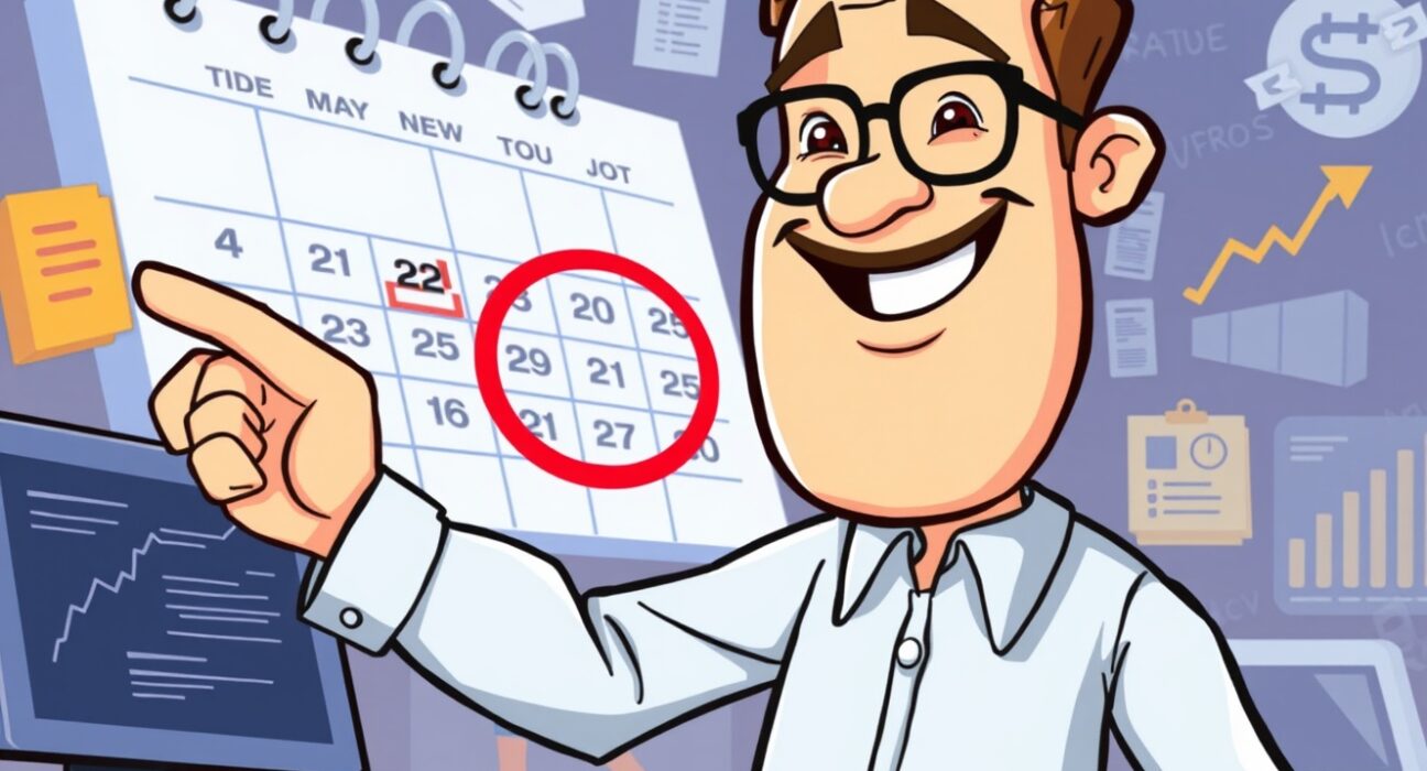 A cartoon analyst highlighting key financial events on a vibrant calendar for investors.