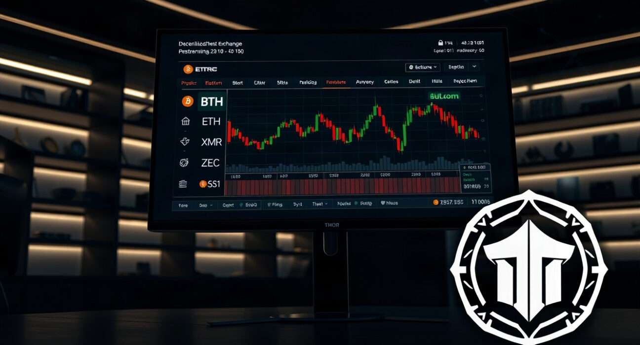 THORChain decentralized exchange interface displaying trading charts for Bitcoin, Ethereum, Monero, and Zcash