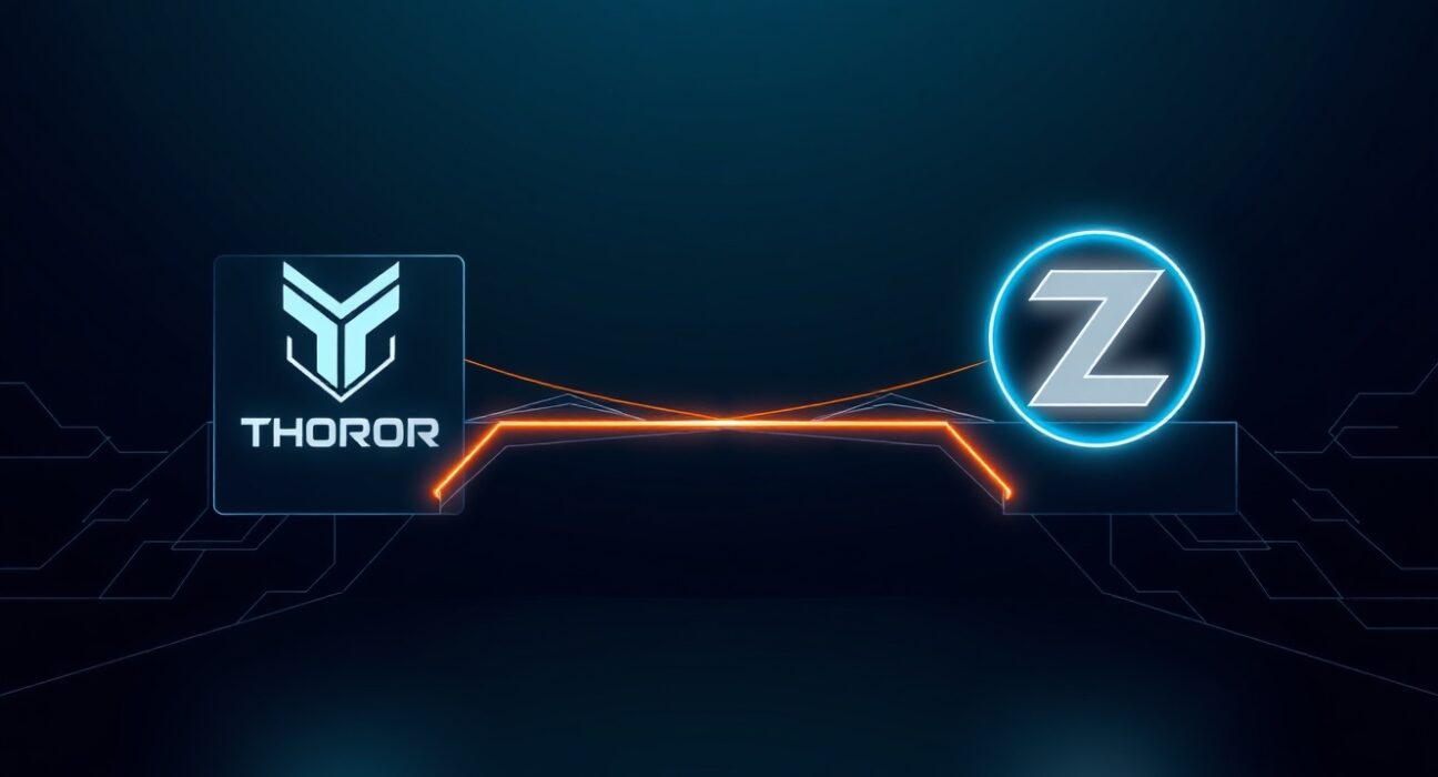 THORChain and Zcash logos connected by a glowing bridge, representing THORChain's new support for ZEC native swaps.