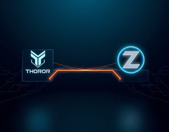 THORChain and Zcash logos connected by a glowing bridge, representing THORChain's new support for ZEC native swaps.