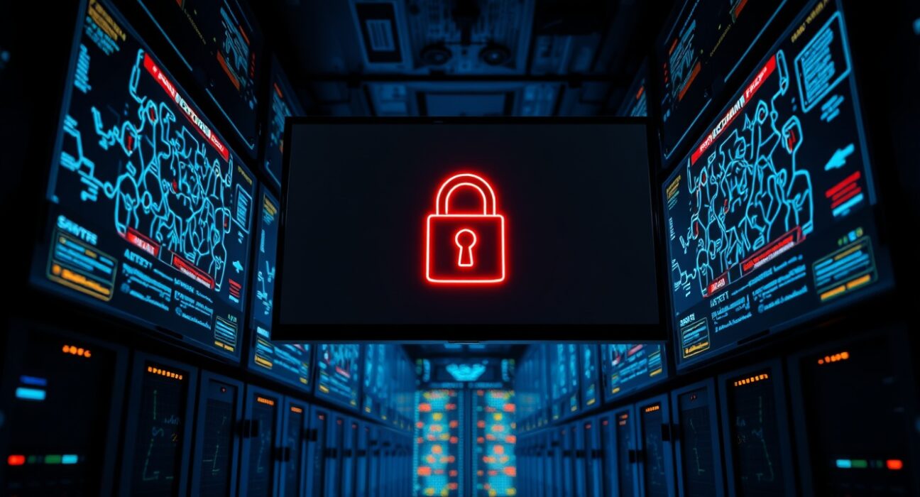 Server room monitors showing blockchain security breach and cracked digital lock icon