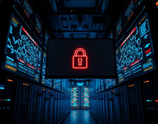 Server room monitors showing blockchain security breach and cracked digital lock icon