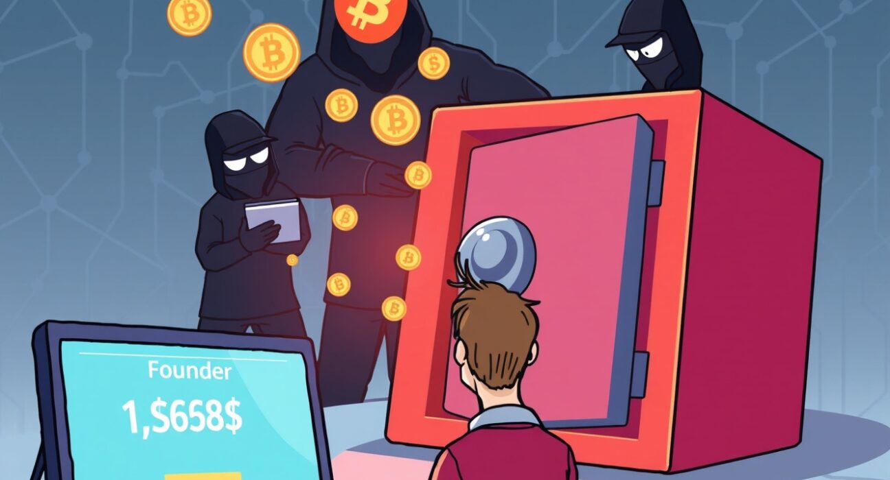 Cartoon showing the devastating THORChain hack, with a founder reacting to the loss of $1.35M from a breached crypto wallet.