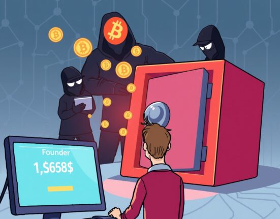 Cartoon showing the devastating THORChain hack, with a founder reacting to the loss of $1.35M from a breached crypto wallet.