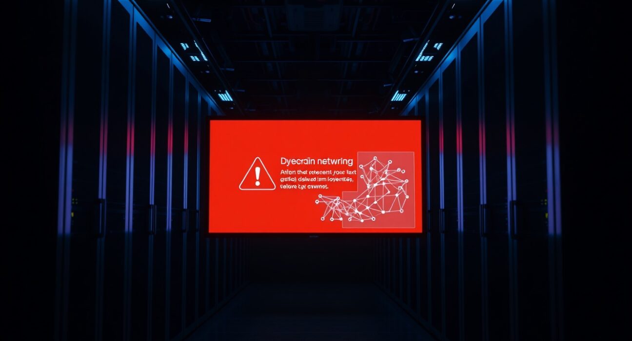Server room with red warning alert on screen indicating a crypto exploit