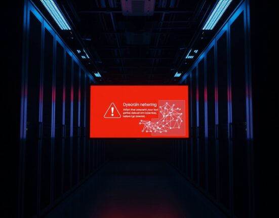 Server room with red warning alert on screen indicating a crypto exploit