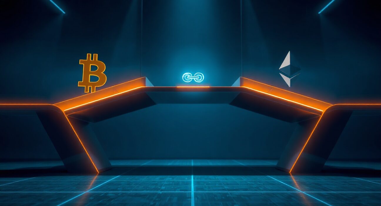 Futuristic digital bridge representing THORChain's cross-chain liquidity protocol connecting Bitcoin and Ethereum networks.