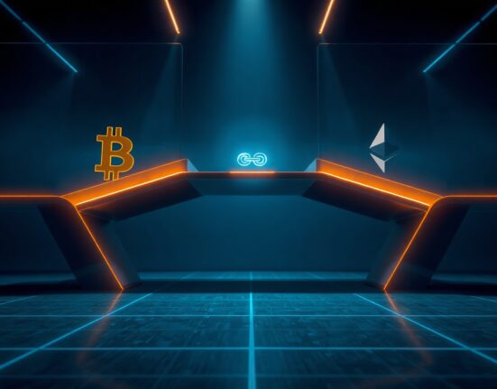 Futuristic digital bridge representing THORChain's cross-chain liquidity protocol connecting Bitcoin and Ethereum networks.