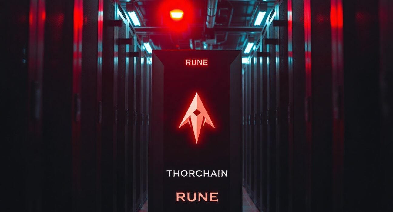 Dark server room with glowing Thorchain logo and red alert lighting after a major hack