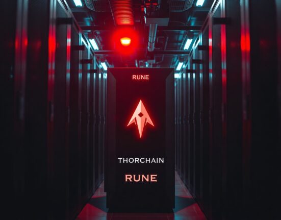 Dark server room with glowing Thorchain logo and red alert lighting after a major hack