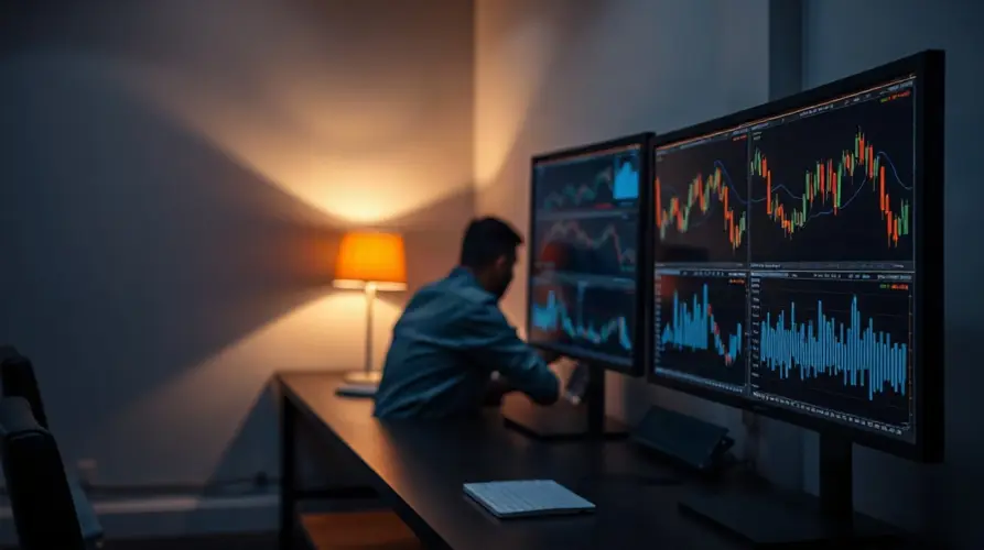 Cryptocurrency network operations desk with chain-activity and liquidity depth charts on monitors after hours