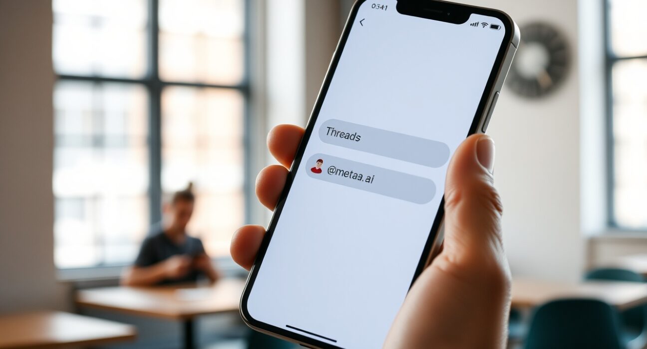 Smartphone displaying Threads app with a Meta AI reply in a conversation thread