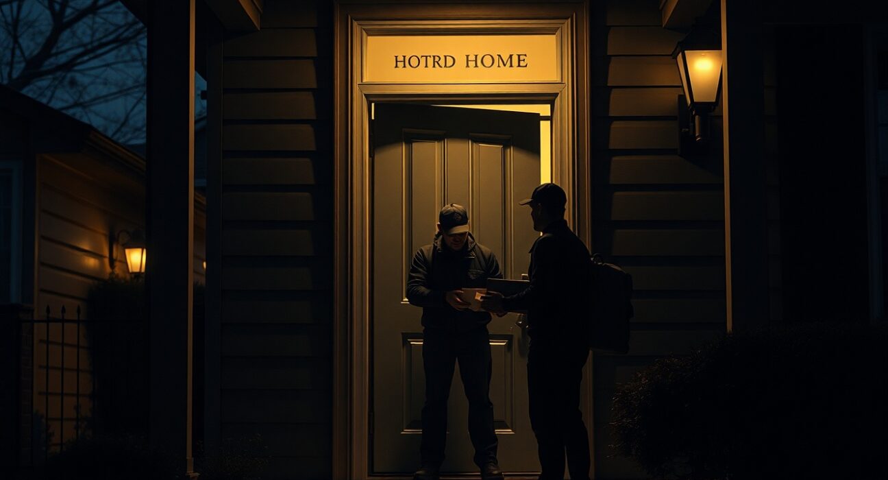 Dimly lit suburban home entrance with two delivery figures at the door, representing a crypto wrench attack home invasion.
