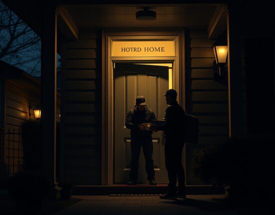Dimly lit suburban home entrance with two delivery figures at the door, representing a crypto wrench attack home invasion.