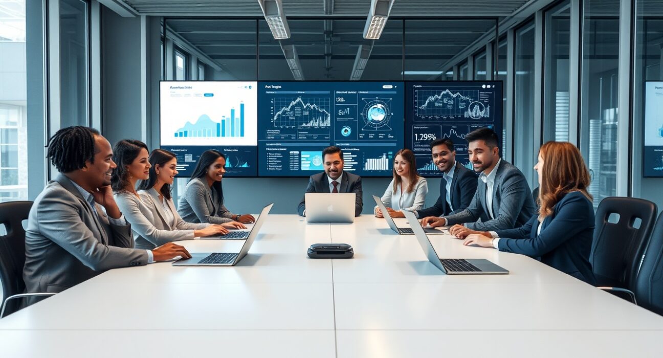 Business team reviewing AI-driven data analytics in a modern conference room