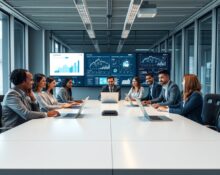Business team reviewing AI-driven data analytics in a modern conference room