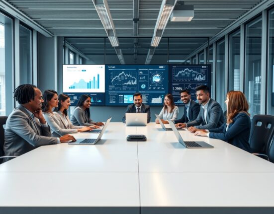 Business team reviewing AI-driven data analytics in a modern conference room
