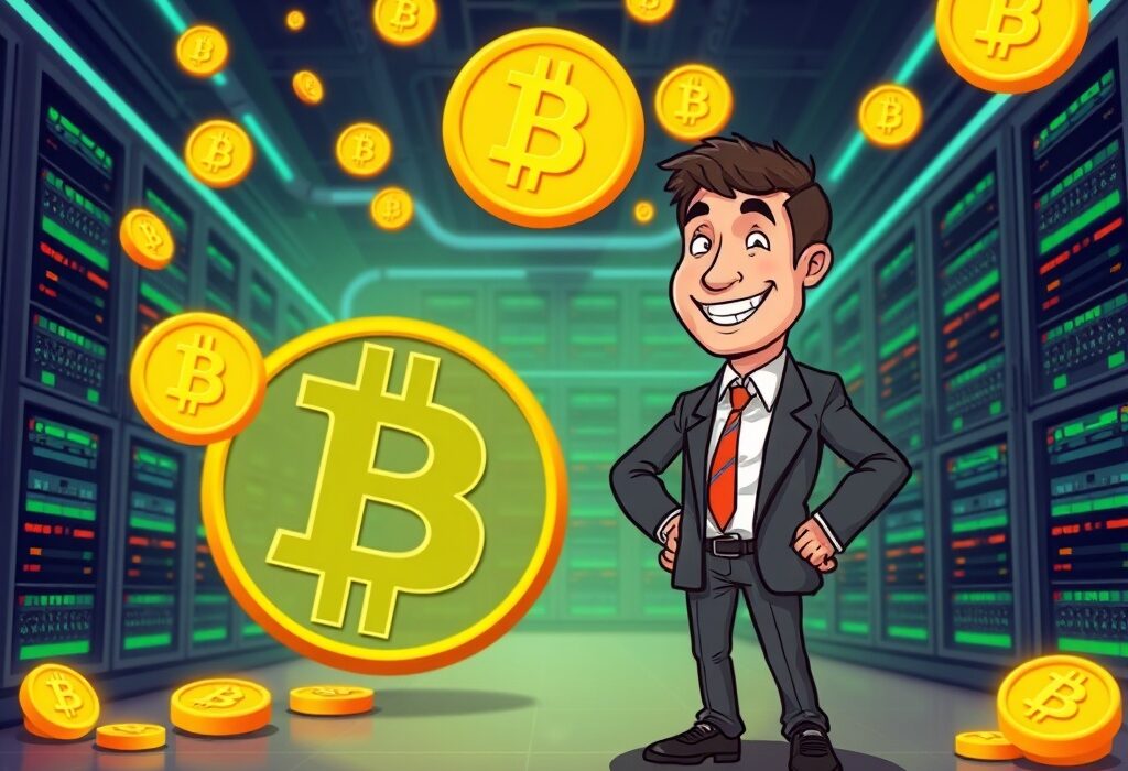 An illustration of a company successfully funding a Bitcoin mining project, showing growth and strategic digital asset investment.