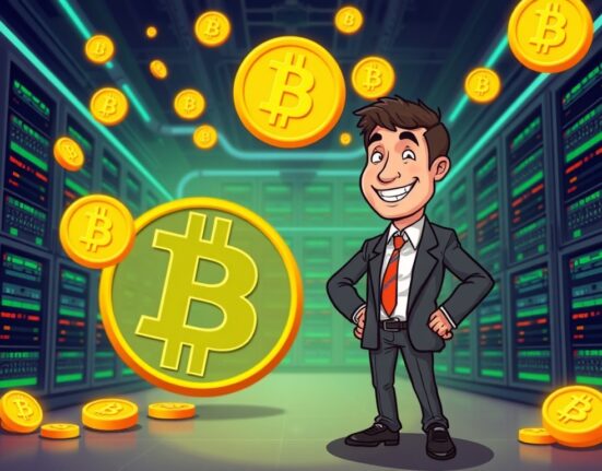 An illustration of a company successfully funding a Bitcoin mining project, showing growth and strategic digital asset investment.