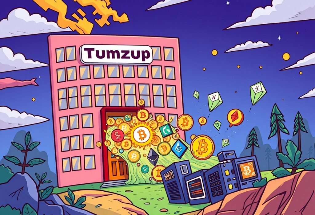 A cartoon illustration showing Thumzup's bold Thumzup crypto investment strategy, with funds flowing into digital assets and mining equipment.