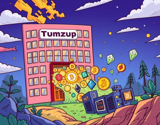 A cartoon illustration showing Thumzup's bold Thumzup crypto investment strategy, with funds flowing into digital assets and mining equipment.