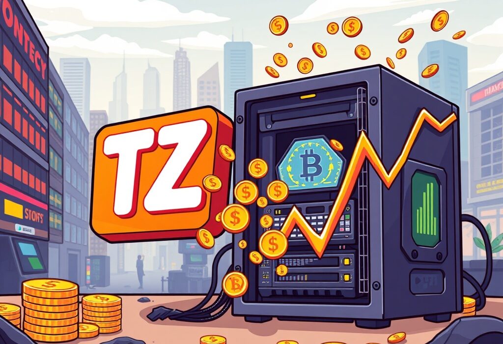 Cartoon illustration showing Thumzup's share offering funding Thumzup crypto investment and mining operations.