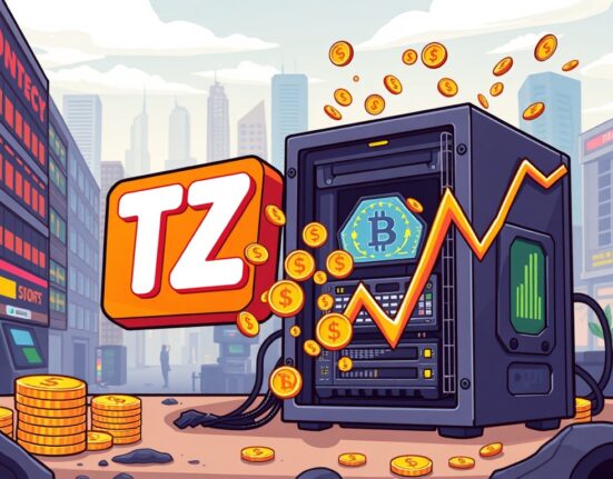 Cartoon illustration showing Thumzup's share offering funding Thumzup crypto investment and mining operations.