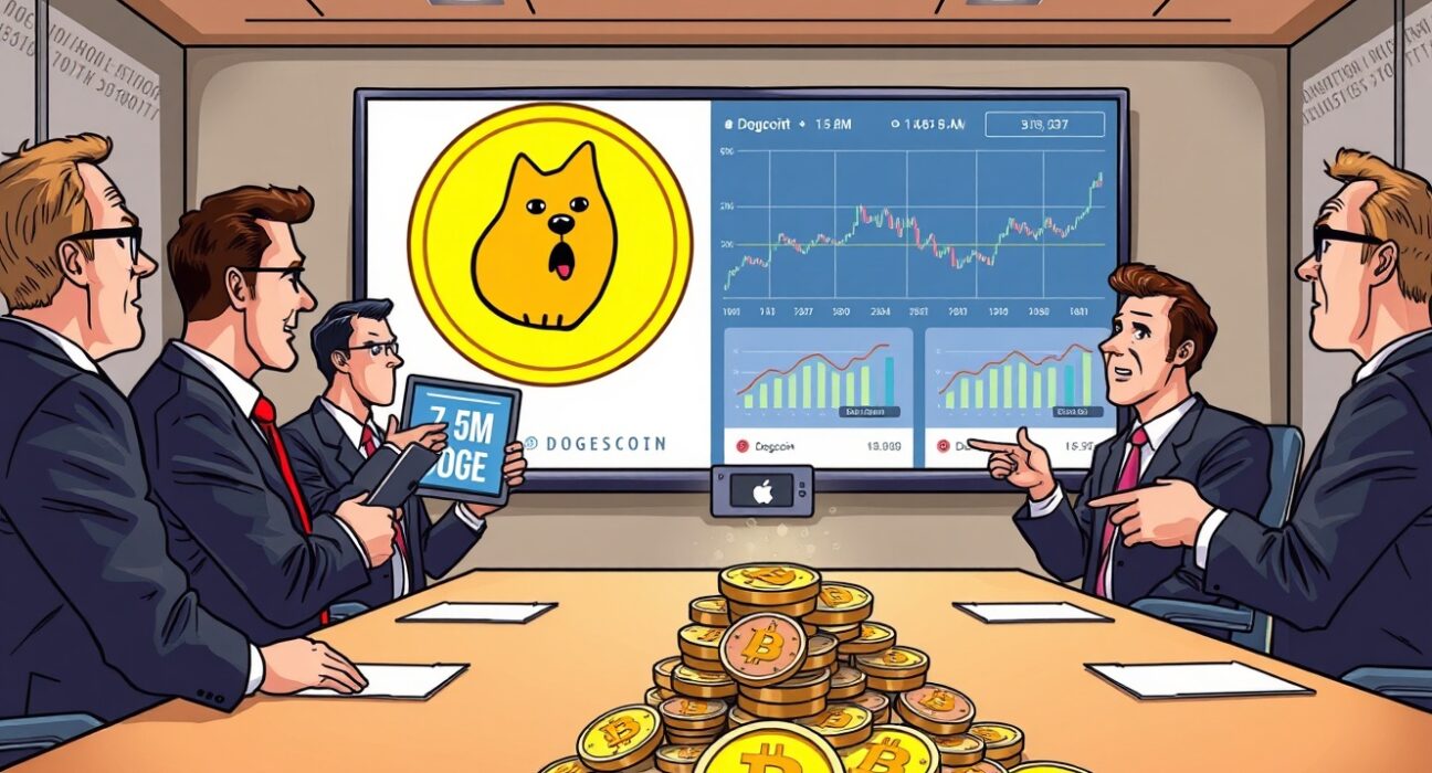 A vibrant cartoon shows business leaders celebrating a significant Thumzup Dogecoin investment, symbolizing corporate crypto adoption.