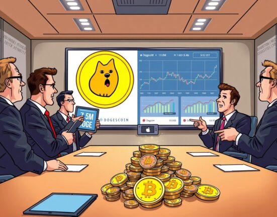 A vibrant cartoon shows business leaders celebrating a significant Thumzup Dogecoin investment, symbolizing corporate crypto adoption.
