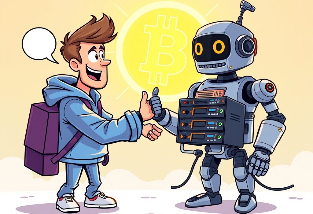 A cartoon character representing Thumzup finalizing a deal for 3,500 Dogecoin miners, symbolizing their expansion into crypto mining.