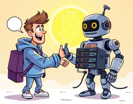 A cartoon character representing Thumzup finalizing a deal for 3,500 Dogecoin miners, symbolizing their expansion into crypto mining.