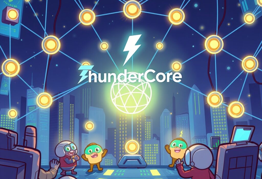 A cartoon illustration showing the exciting potential of the ThunderCore WLFI collaboration in the DeFi space.